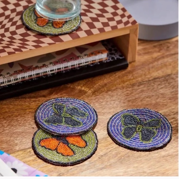 Butterfly Beaded Boho Peasant Hipster Hippie Chic Art Deco Farm Coaster Set - Picture 1 of 4